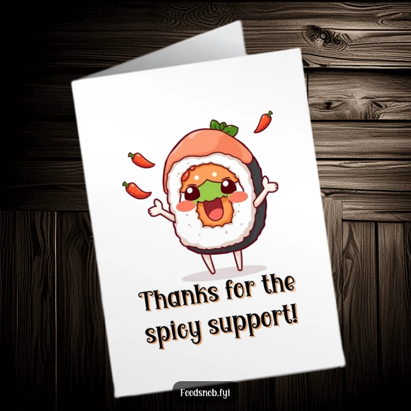 Funny Free Printable Thank You Card: Happy sushi roll juggling chili peppers, offering spicy thanks with a downloadable chuckle.