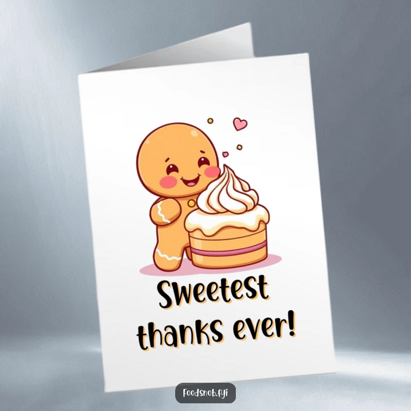 Funny Free Printable Thank You Card: Gleeful gingerbread man character icing a cake, sending a sweet thank you.