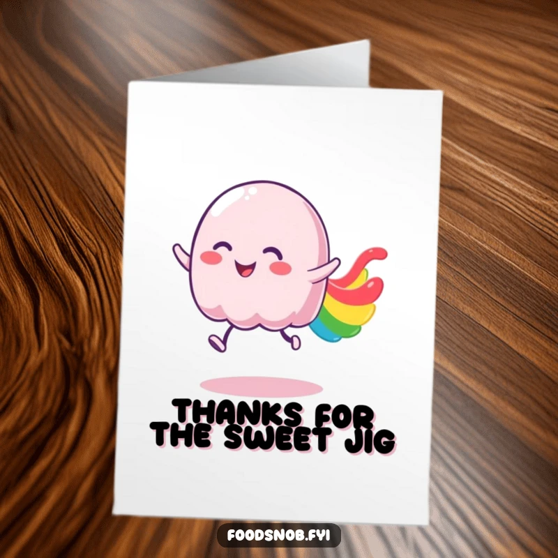 Funny Free Printable Thank You Card: Wobbly jelly character bouncing happily, spreading colorful thanks for your kindness.