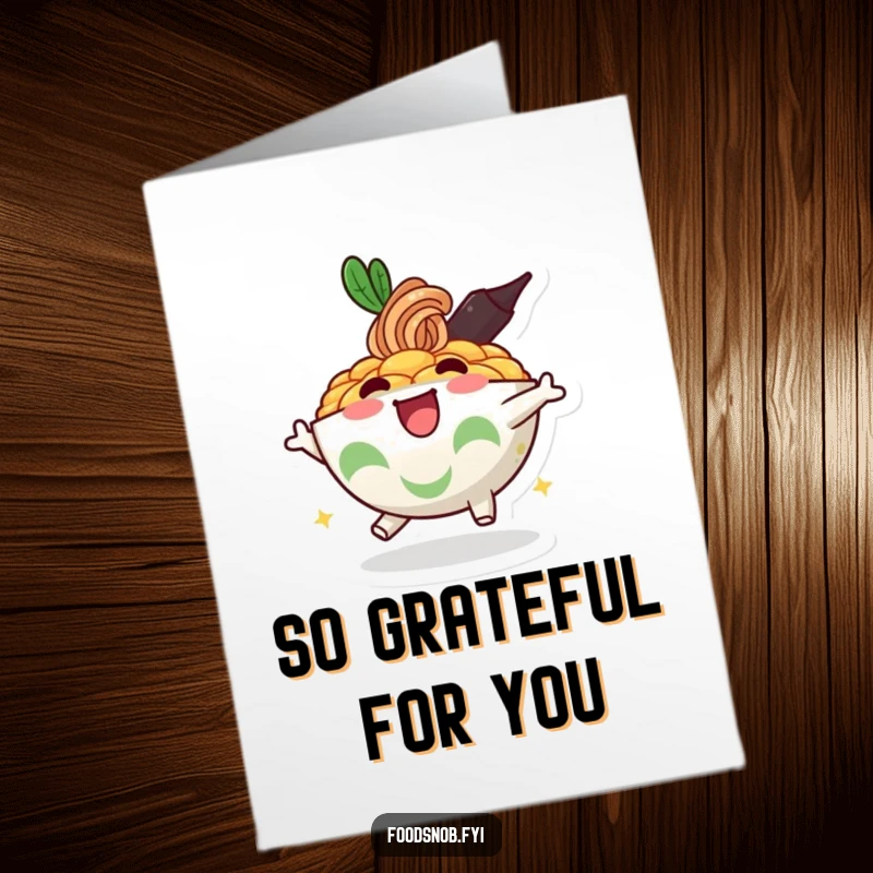 Funny Free Printable Thank You Card: A bubbly ramen bowl character bounces joyfully, expressing sincere thanks with enthusiasm.