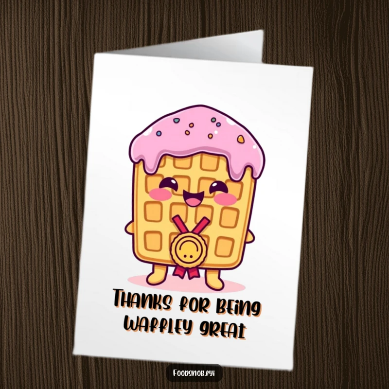 Funny Free Printable Thank You Card: A proud waffle with a beaming smile being presented with a tiny, shiny medal.