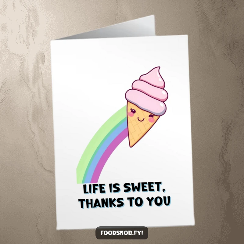 Funny Free Printable Thank You Card: A smiling kawaii ice cream cone on a rainbow slide, a fun way to say thanks.