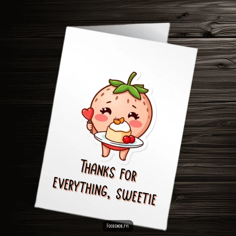 Funny Free Printable Thank You Card: A blushing strawberry character presenting a tiny, chef-prepared dessert with pride, offering thanks deliciously.