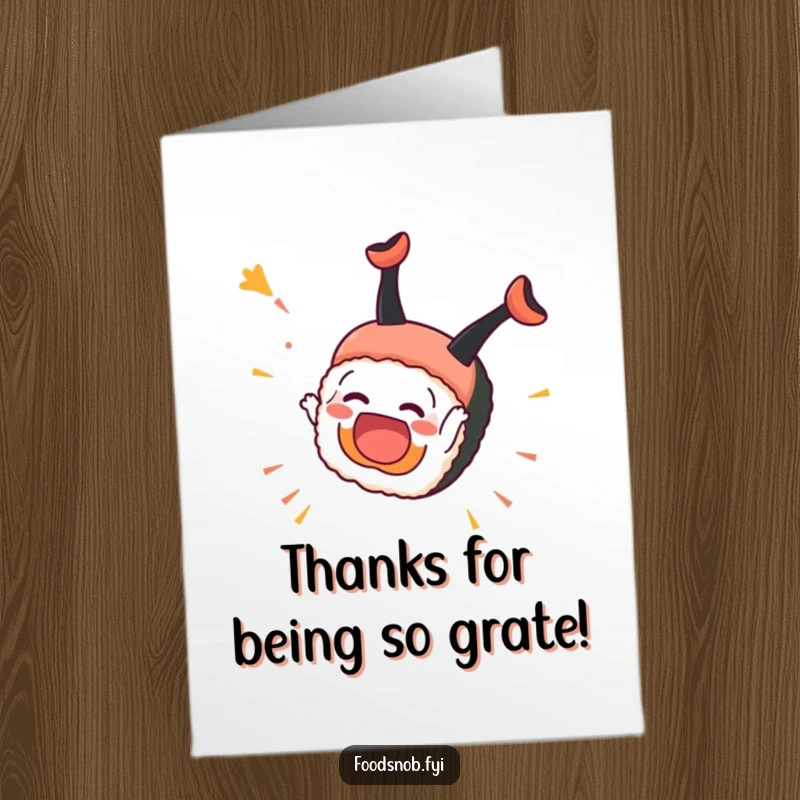 Funny Free Printable Thank You Card: Overjoyed sushi piece doing a somersault, expressing thanks with playful energy, a cute downloadable gift.