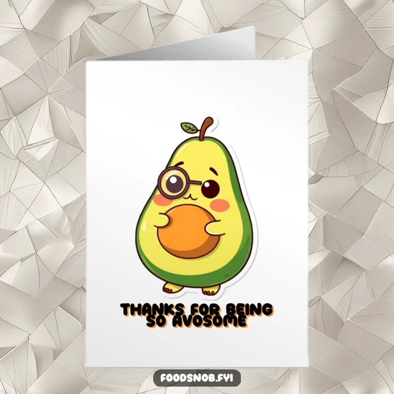 Funny free printable thank you card featuring a plump avocado with a monocle and intelligent expression, a witty DIY gift.