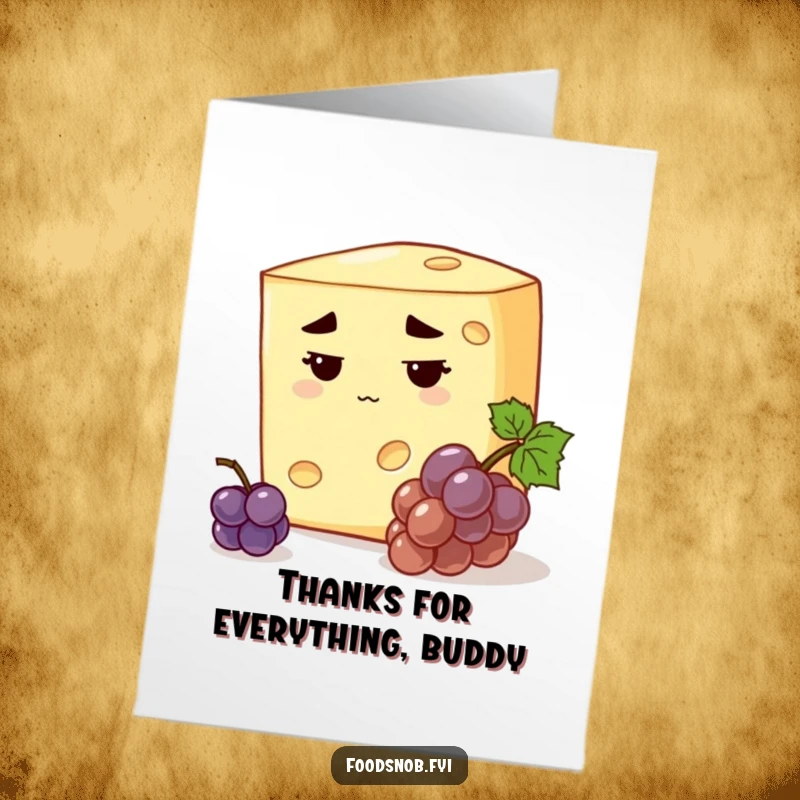 Funny Free Printable Cheese Thank You Card: A stern cheese inspects a tiny grape with a serious look.