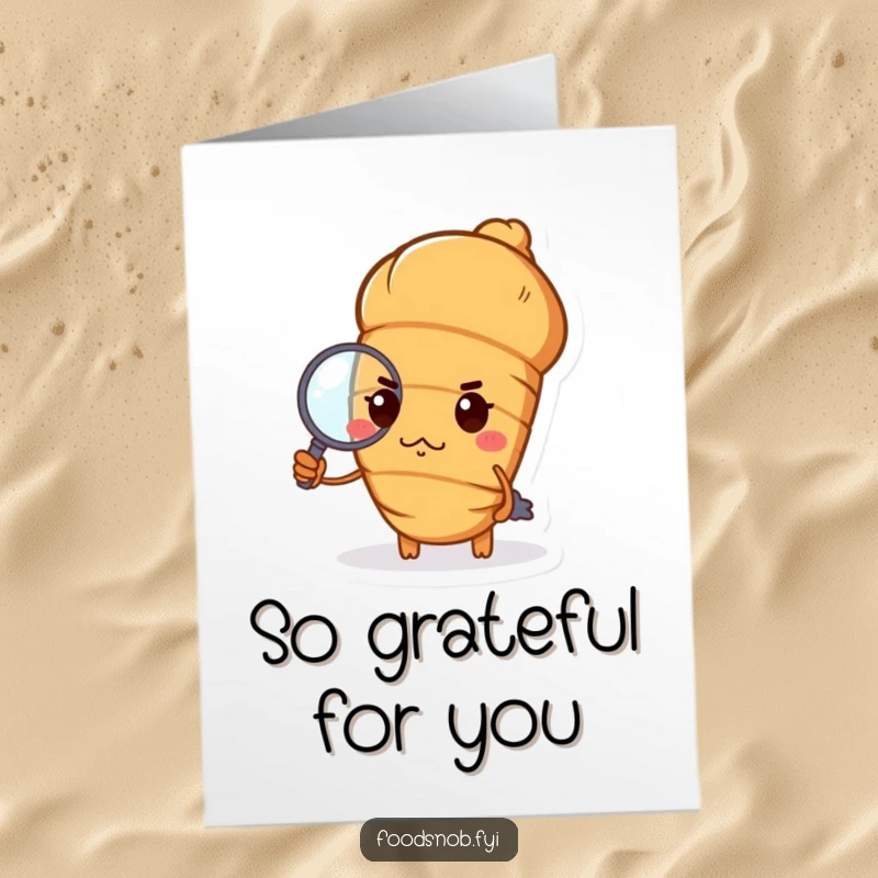 Funny Free Printable Croissant Thank You Card: A haughty croissant with pursed lips inspects something minutely.