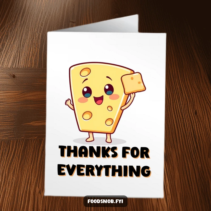 Funny Free Printable Thank You Card: A cheerful cheese wedge character presents a tiny cracker with a proud, welcoming flourish.