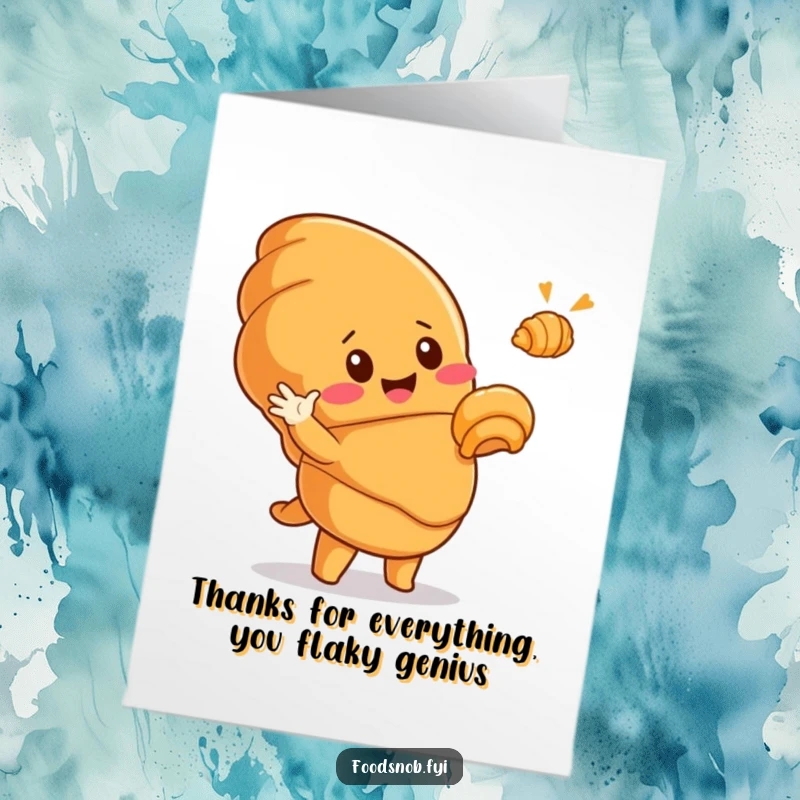 Funny Free Printable Thank You Card: Smiling Croissant Character Making a Grand Gesture towards a Small Croissant