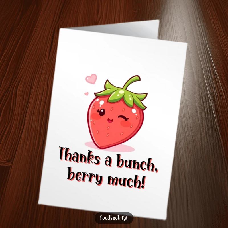 Free Printable Thank You Card: A bubbly strawberry character winks, sending sweet thanks with sugar sprinkles.