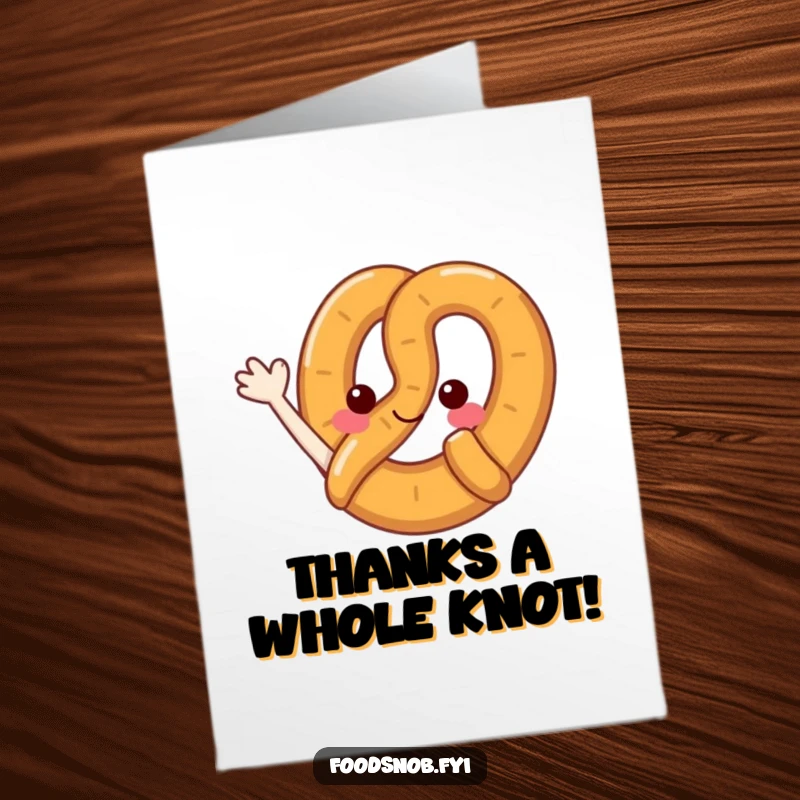 Funny Free Printable Thank You Card: A happy pretzel character sending a cute wave to express sincere thanks.