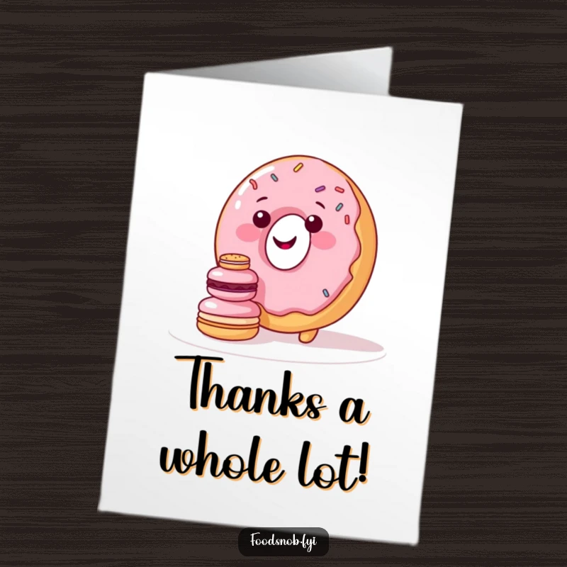 Funny Free Printable Thank You Card: A smiling donut character with sprinkles humorously struggles to stack tiny macarons.