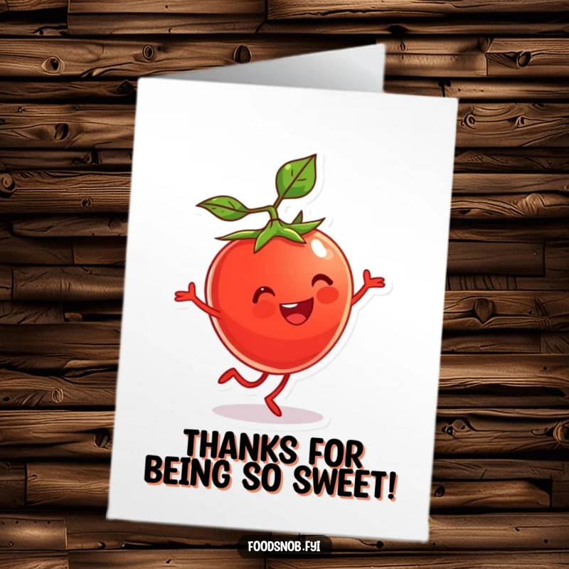 Funny Free Printable Thank You Card: A beaming cherry tomato character with tiny legs doing a cartwheel, conveying cheerful thanks.