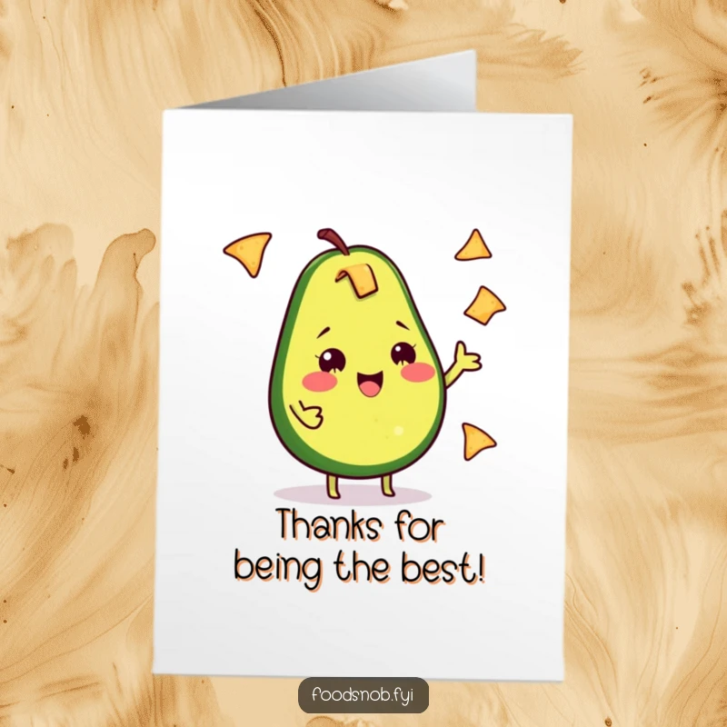 Funny Free Printable Thank You Card: Cheeky avocado happily juggling chips, expressing thanks with humorous flair, a cute downloadable gift.