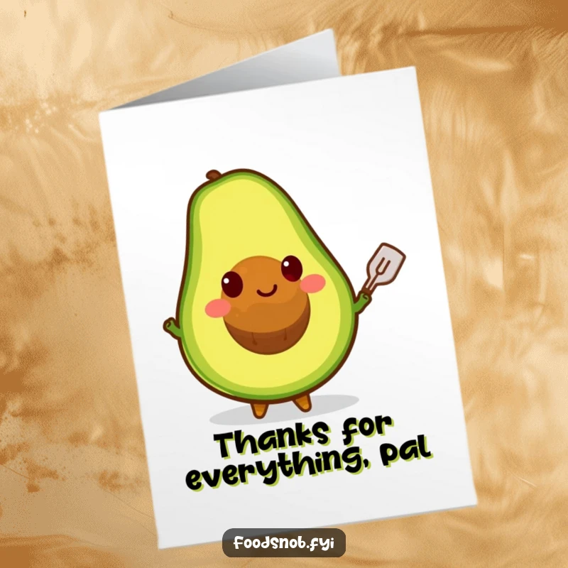 Funny Free Printable Avocado Thank You Card: A happy avocado balances its pit with a tiny spatula, conveying thanks. DIY present.