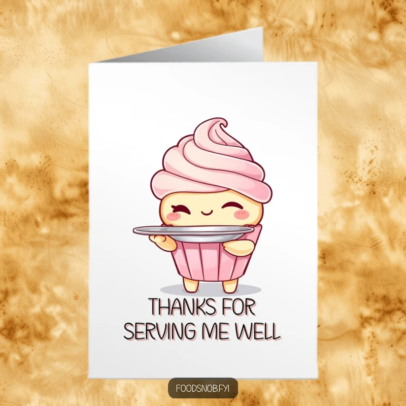 Funny Free Printable Thank You Card: Winking cupcake character holding a tiny silver platter, delivering thanks with a downloadable sweet gesture.