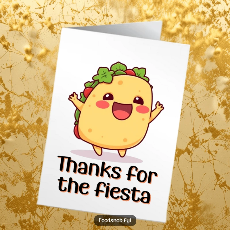 Funny Free Printable Thank You Card: An excited taco doing a happy upward hop, conveying energetic thanks and appreciation.
