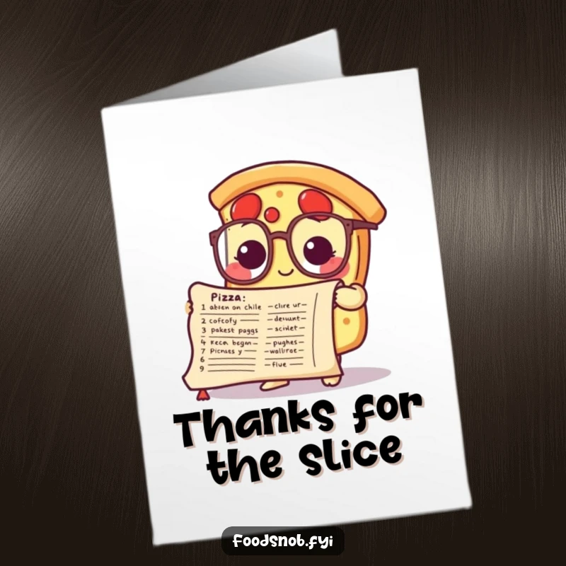 Funny Free Printable Thank You Card: A pizza slice character wearing glasses looks up from a recipe scroll to express thanks.