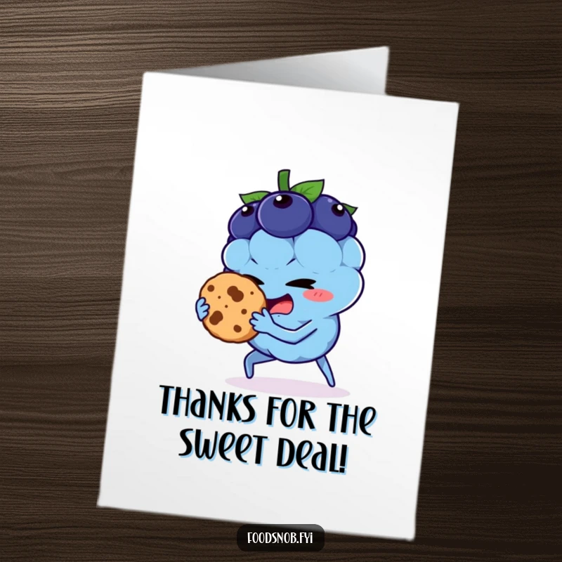 Funny free printable thank you card: a mischievous blueberry character looking guilty after stealing a cookie.