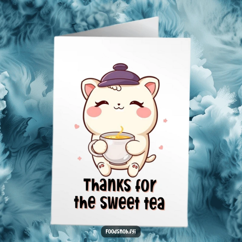 Funny Free Printable Thank You Card: A smiling boba tea character winks charmingly while holding a miniature teacup, sending thanks with a fun vibe.