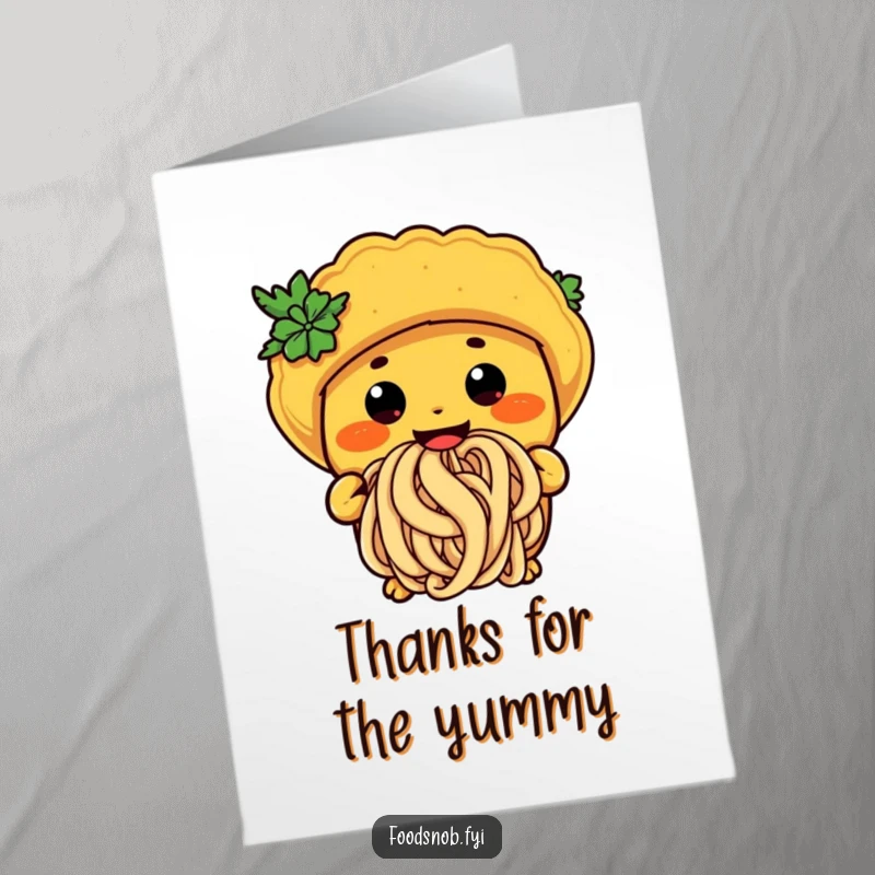Funny Free Printable Thank You Card: Anthropomorphic taco character happily slurping a noodle, conveying sincere thanks with wide eyes.