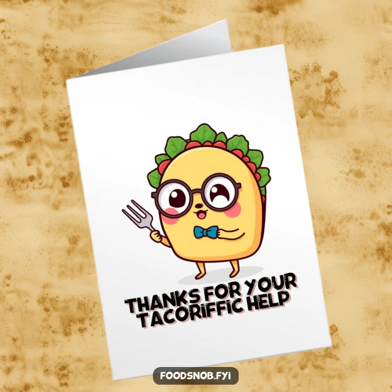 Funny Free Printable Thank You Card: A distinguished taco with tiny legs, monocle, and fork, conveying sincere thanks.