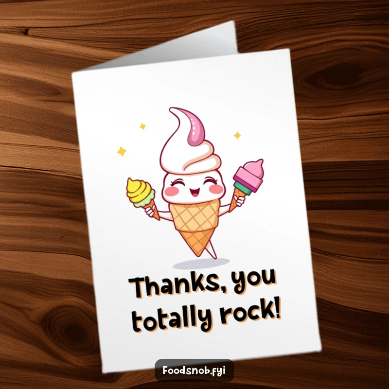 Funny Free Printable Thank You Card: A giggling ice cream cone character impressively juggling three colorful cones, a sweet downloadable thank you.