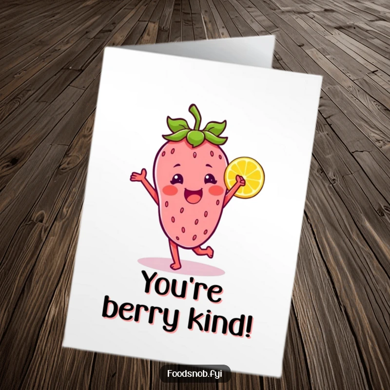 Funny Free Printable Thank You Card: A joyful strawberry character dancing with a lemon wedge, conveying thanks with vibrant energy.