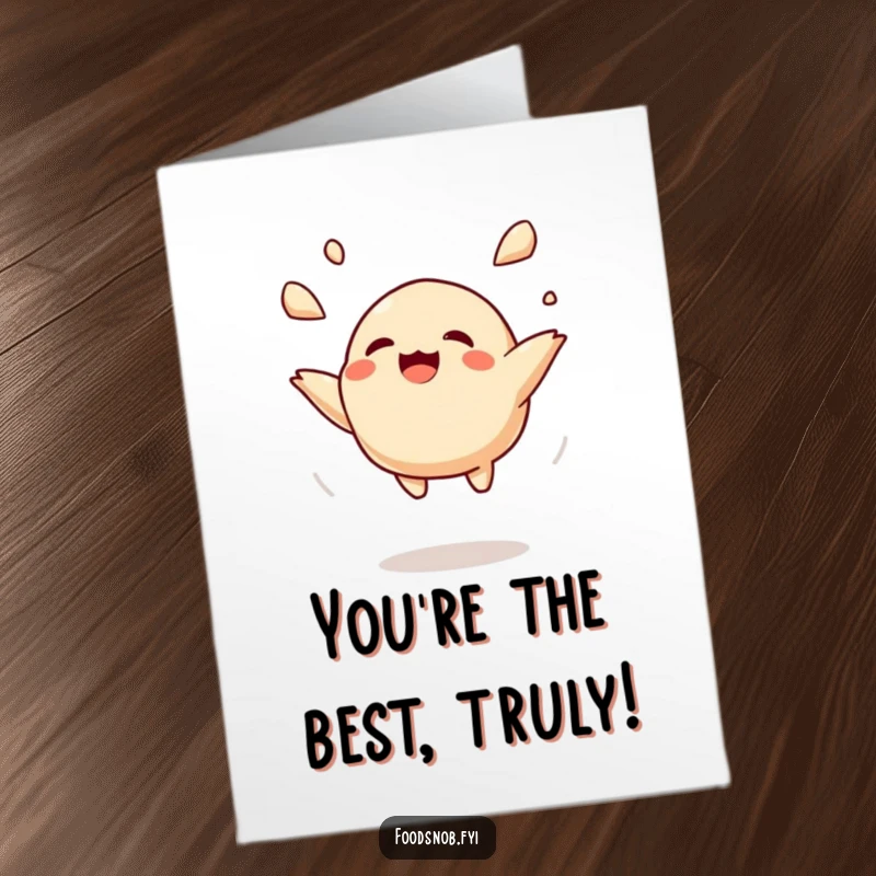 Funny Free Printable Thank You Card: A smiling dumpling character being playfully tossed, conveying heartfelt thanks with joy.