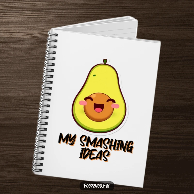 Funny notebook cover featuring a smiling avocado character, pit as face, splitting open with infectious glee, ideal for note-taking.