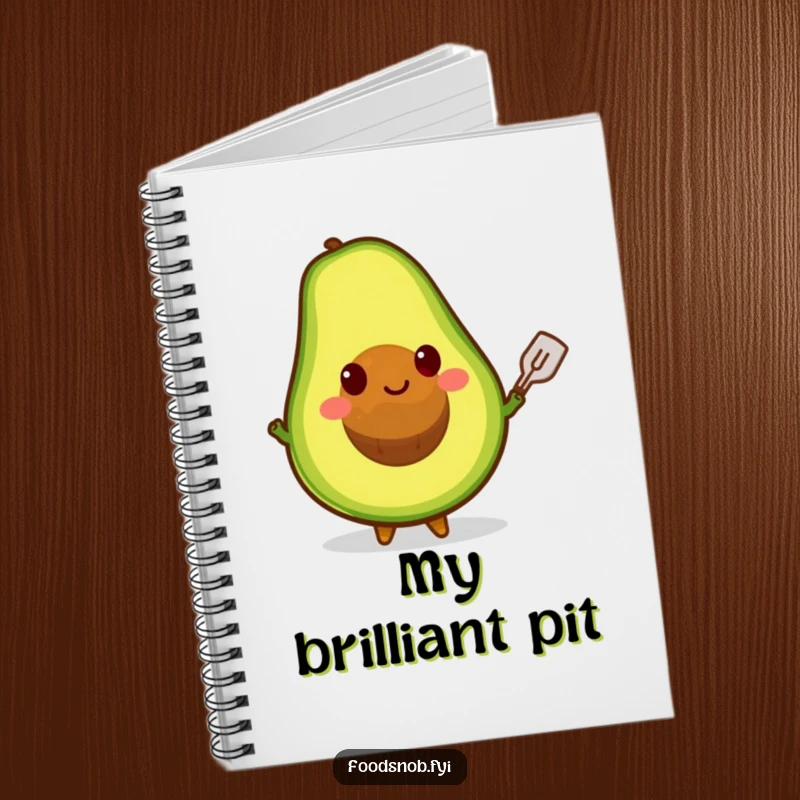 Funny notebook with a smiling avocado character balancing its pit on a tiny spatula, ideal for jotting notes.