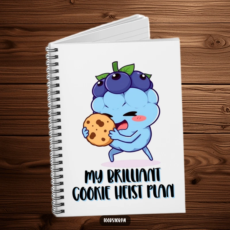 Funny notebook with a blueberry character stealing a cookie, ideal for capturing notes and jokes, a humorous gift.