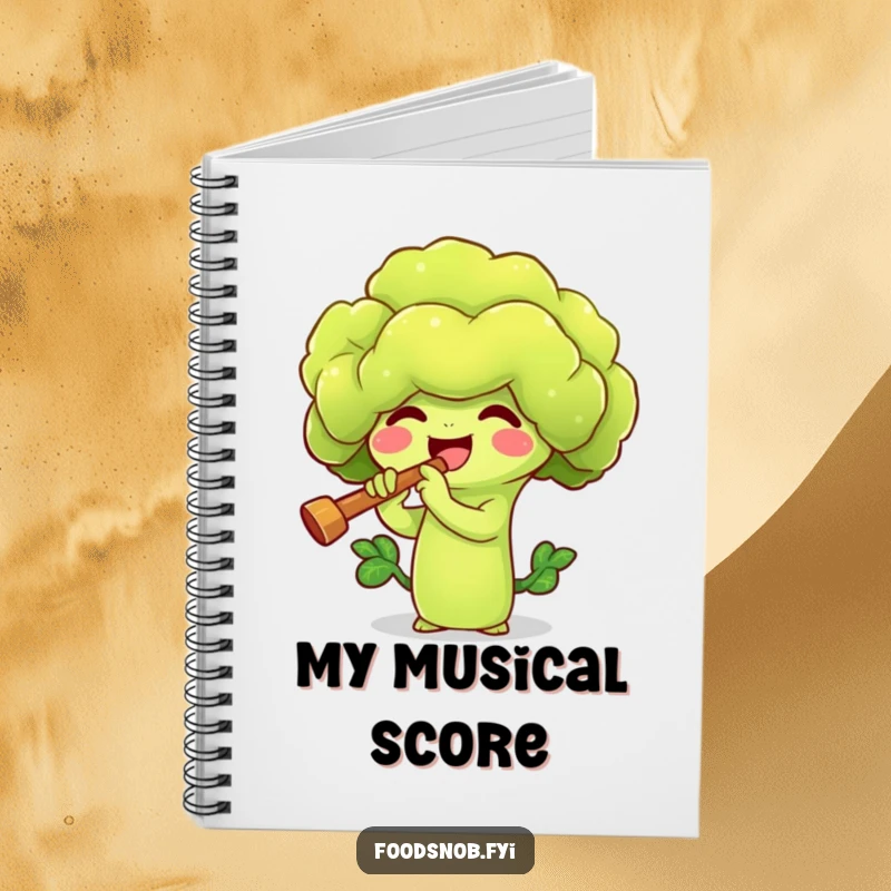 Funny notebook with a happy broccoli sprout character playing a tiny flute, inspiring musical notes. A whimsical veggie design for writing.