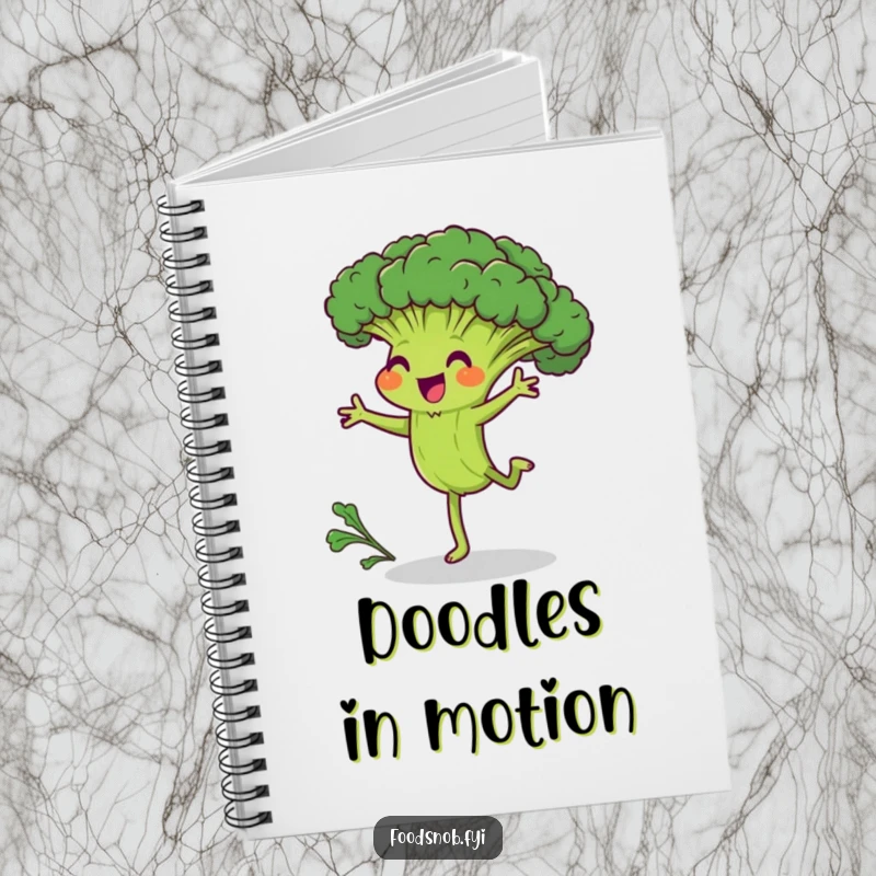 Funny notebook featuring a joyful broccoli character attempting a cartwheel, designed for jotting down humorous and effortful ideas.