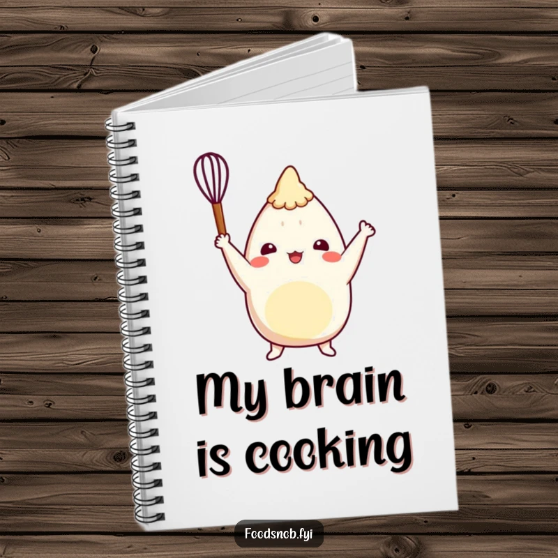 Funny burrito notebook with a cheerful character triumphantly raising a tiny whisk, perfect for jotting down notes and recipes.
