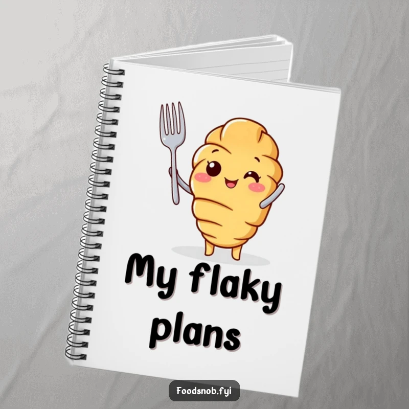 Funny Notebook cover featuring a croissant character holding a tiny fork in a proud, chef-like manner.