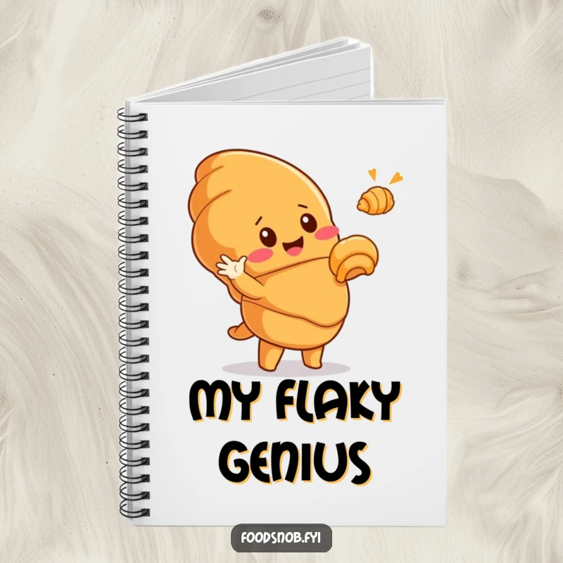 Funny notebook featuring a cute, smiling croissant character dramatically gesturing to a tiny golden croissant, ideal for jotting down funny thoughts.