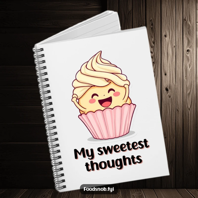 Funny notebook featuring a smiling cupcake character frosting a larger cupcake, designed for jotting down notes with a sweet, humorous touch.