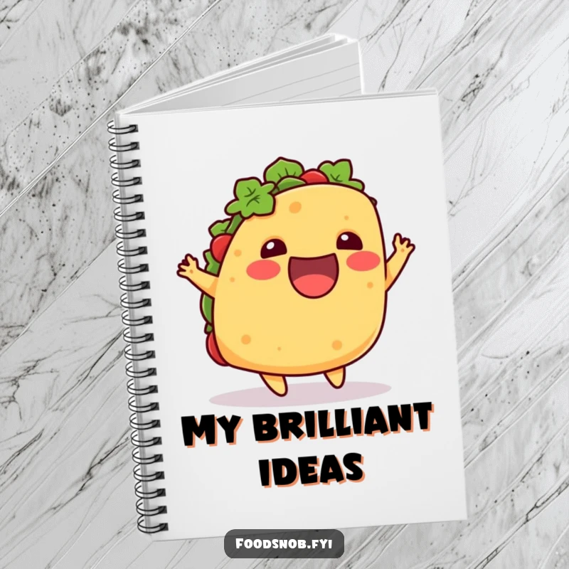 Funny notebook featuring an excited taco doing a playful little hop upwards, perfect for jotting down delicious and humorous notes.