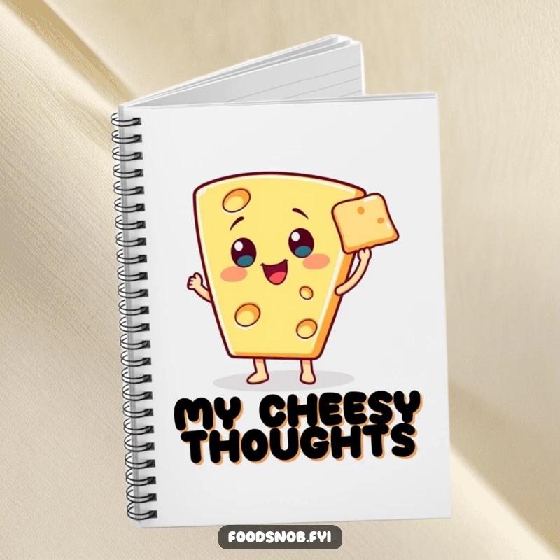 Funny notebook featuring a cheerful cheese wedge character presenting a miniature cracker with a flourish, ideal for elegant journaling.