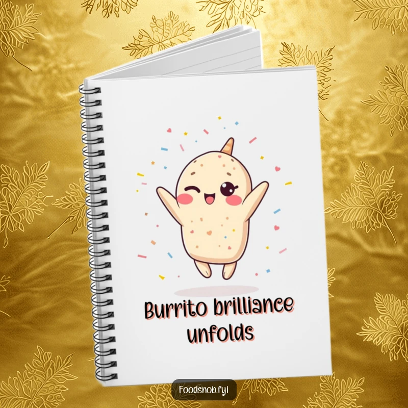 Funny Kawaii burrito notebook, a winking burrito leaping upwards, showering confetti, ideal for writing, planning, and spreading humor.