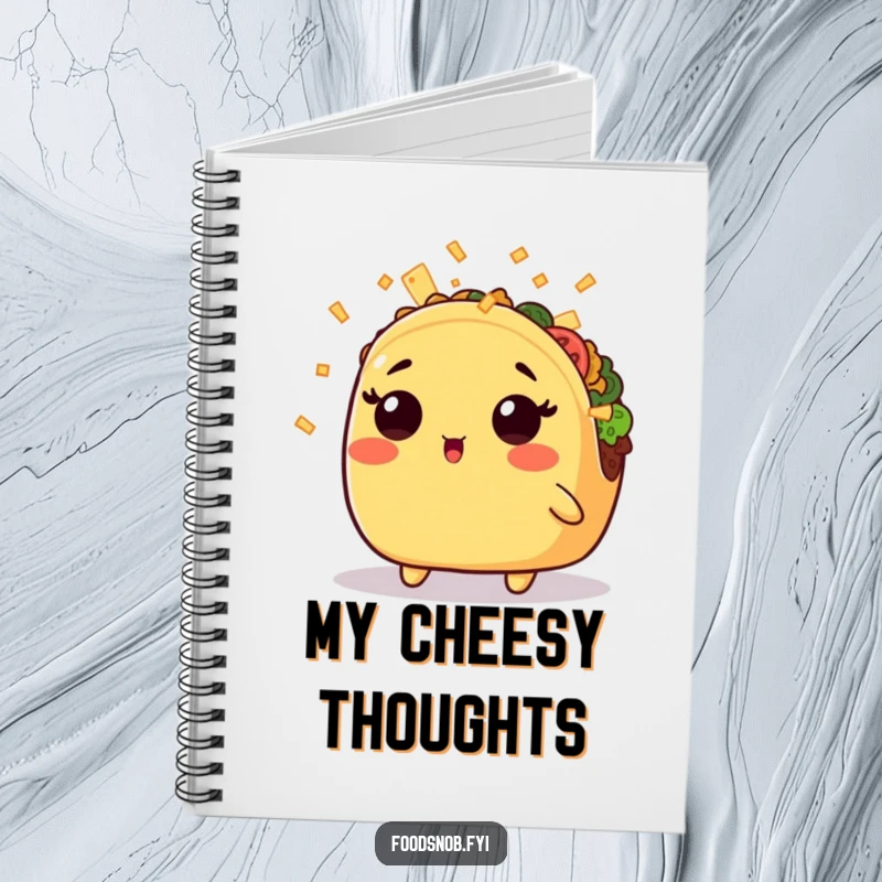 Funny notebook featuring a surprised kawaii taco being showered with tiny cheese shreds, ideal for jotting down humorous thoughts.