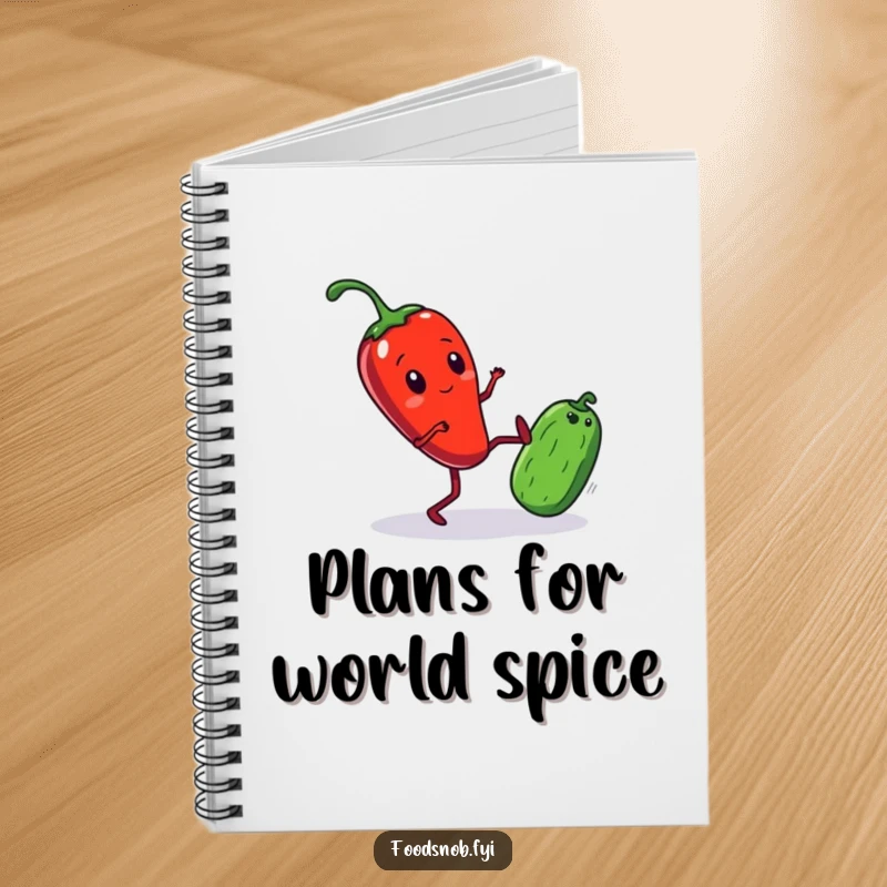 Funny Notebook with a design of a red chili pepper with tiny legs comically kicking a small cucumber, ideal for jotting down thoughts.