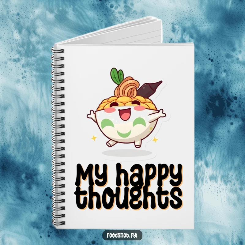 Funny notebook cover featuring a joyful, bouncy ramen bowl character, perfect for jotting down delicious ideas.