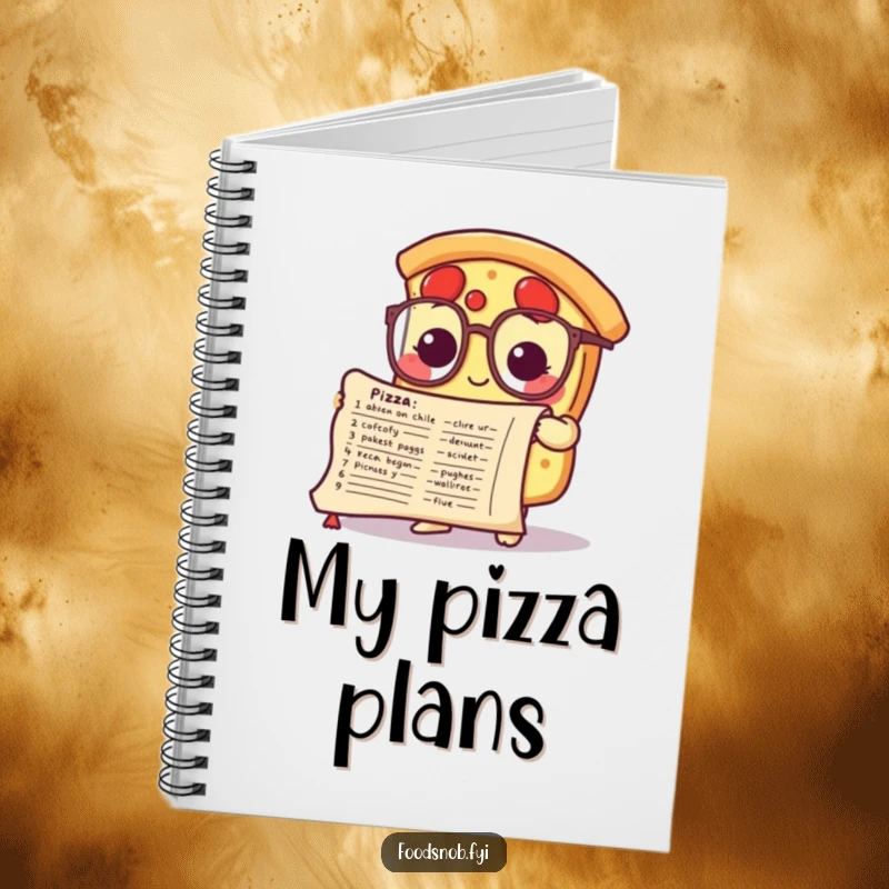 Funny notebook featuring a cute pizza slice character in small glasses, studying a detailed recipe, ideal for clever note-taking.