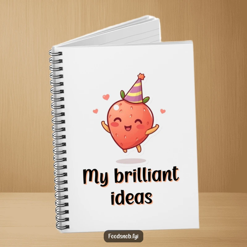 Funny Notebook: A dotted journal featuring a delighted strawberry spinning energetically while wearing a small party hat, perfect for jotting down happy thoughts.