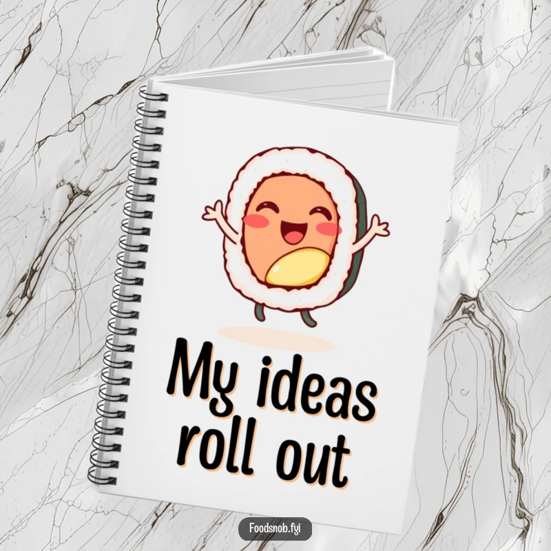 Funny notebook, a cheerful sushi roll character doing a happy little dance, blank pages for notes.