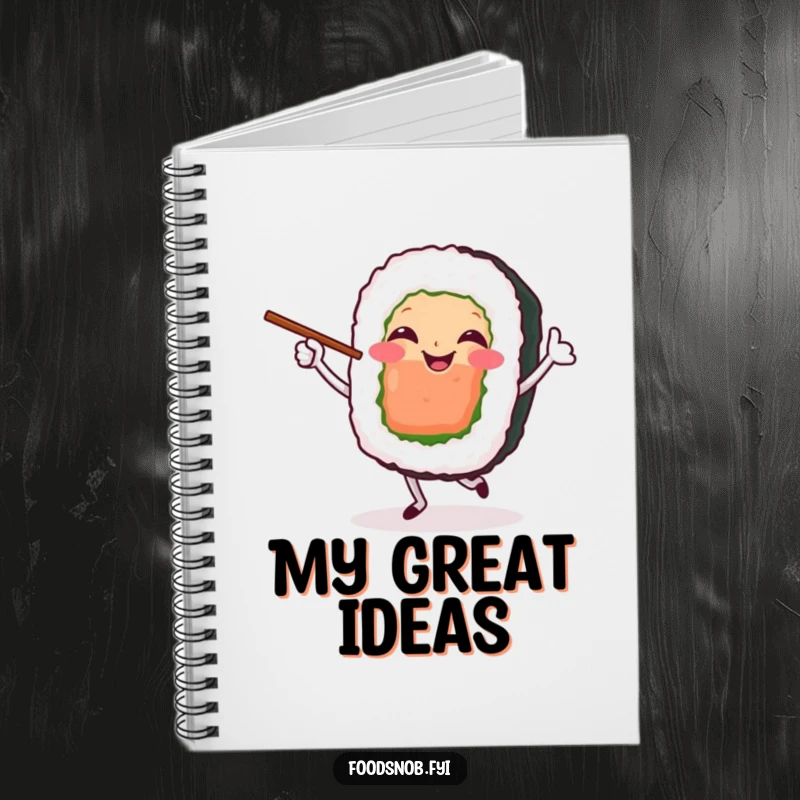 Funny Notebook cover featuring a smiling sushi roll character happily dancing with chopsticks. Perfect for note-taking.