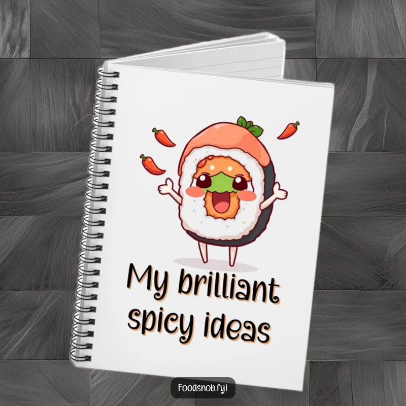 Funny notebook with a cheerful sushi roll character juggling tiny chili peppers, designed for taking notes with a humorous flair.