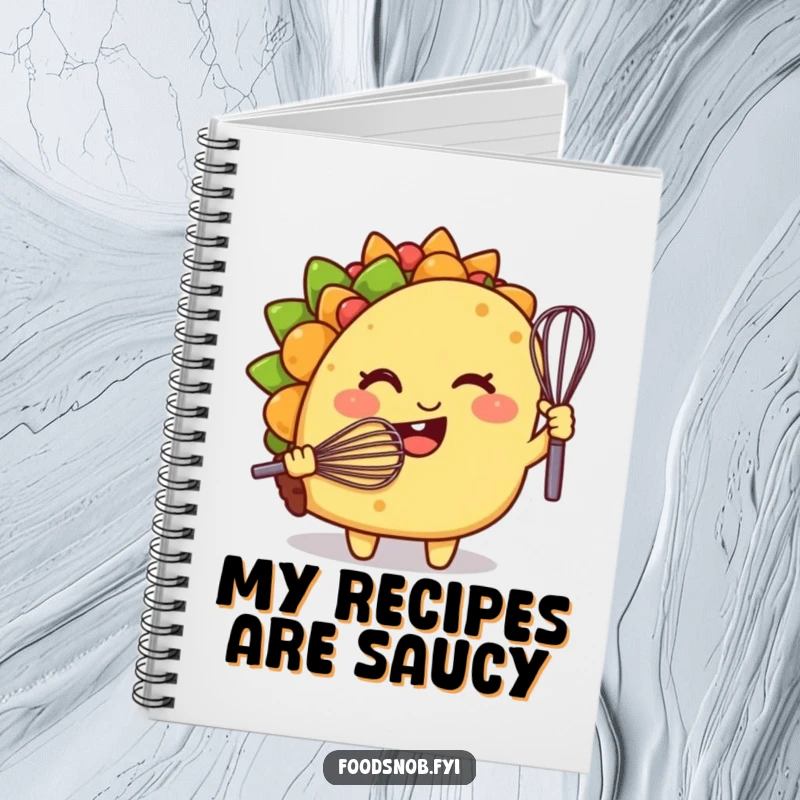 Funny notebook, a smiling taco character winking while holding a tiny whisk, blank pages for culinary notes.